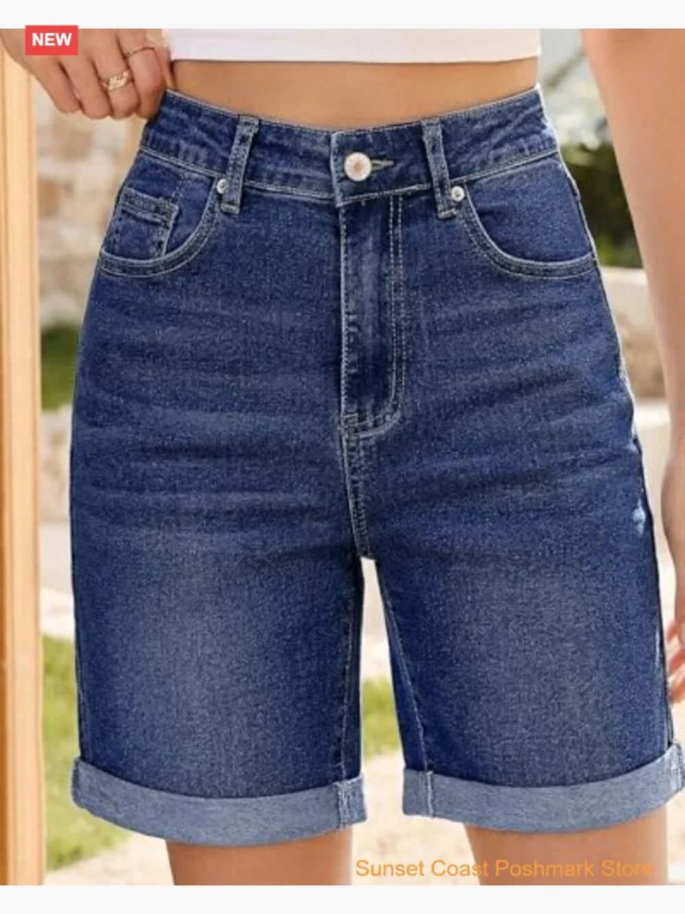 High Waisted Fold Hem Stretchy Denim Shorts 7 Inch Inseam Jorts - Picture 2 of 7